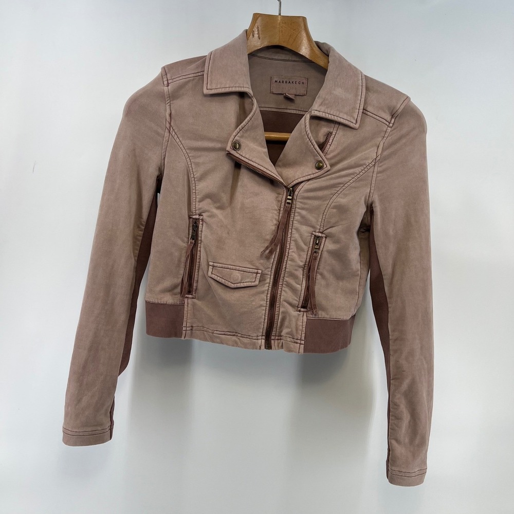Marrakech Anthropologie Blush Pink Moto Jacket Faux Suede Knit Panels Size S